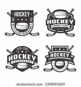 
Juego de emblemas de la insignia del logo del club de hockey, torneo de hockey, íconos vectores de hockey sobre fondo blanco