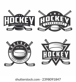 
Juego de emblemas de la insignia del logo del club de hockey, torneo de hockey, íconos vectores de hockey sobre fondo blanco