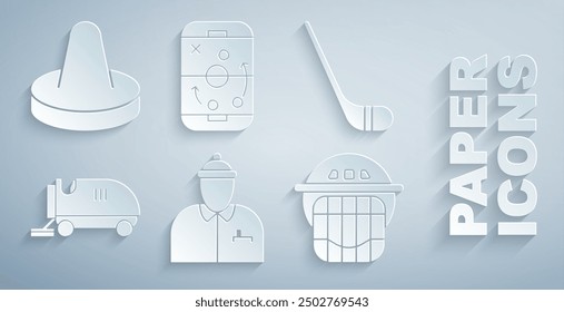 Set Hockey coach, Ice hockey stick, resurfacer, helmet, Planning strategy and Mallet for playing air icon. Vector