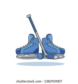 Set of hockey design elements - ice skating, stick, puck. Flat cartoon style vector illustration on white background.