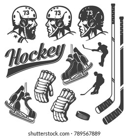 Set of hockey design elements in vintage retro style. Head in helmet, stick, gloves, skates, puck and silhouettes of hockey players in the game.