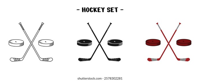 set of hockey designs, hockey sticks and pucks, outline and colored, editable vector eps 10.