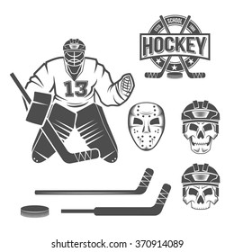 Set of hockey elements. Puck, stick, helmet, goalkeeper. Vintage logo vector.