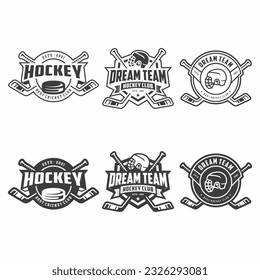 Set of hockey emblems, logos, badges, labels and design elements. Graphic arts. Vector illustration