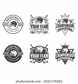 Set of hockey emblems, logos, badges, labels and design elements. Graphic arts. Vector illustration