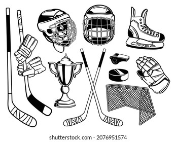 Equipo de hockey. Colección de accesorios deportivos de invierno en patines de hielo: trofeo, máscara, portero, almohadillas de rodilla, puerta, disco, protección. Ilustración vectorial del atleta uniforme de hockey.