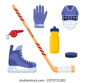 Set of hockey equipment. Helmet, gloves, stick, puck, skates whistle water bottle Vector illustration