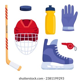 Equipo de hockey. Casco, guantes, palo, puck, patinador botellas de agua Vector ilustración