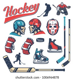 Set of hockey equipment in retro style: player head in helmet, gloves, sticks, vintage goalie mask, goalkeeper, puck, skates, silhouettes.