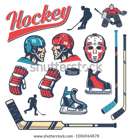 Set of hockey equipment in retro style: player head in helmet, gloves, sticks, vintage goalie mask, goalkeeper, puck, skates, silhouettes.