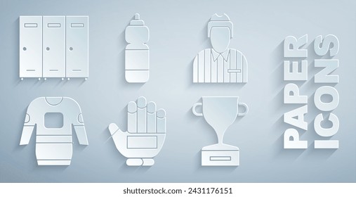 Set Hockey glove, judge, referee, arbiter, jersey, Award cup, Fitness shaker and Locker or changing room icon. Vector