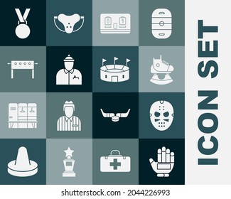 Set Hockey glove, mask, Skates, mechanical scoreboard, coach, table, Medal and stadium icon. Vector