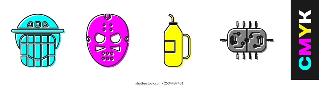 Set Hockey helmet, Hockey mask, Fitness shaker and Hockey table icon. Vector