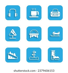 Set Hockey helmet, Road traffic signpost, Waterproof rubber boot, Sled, Mountain descent, avalanches, Sport bag and Winter headphones icon. Vector