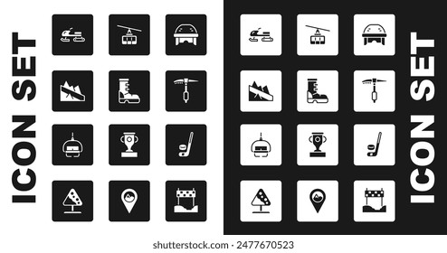 Set Hockey helmet, Waterproof rubber boot, Mountain descent, Snowmobile, Ice axe, Cable car, hockey stick and puck and Ski lift icon. Vector