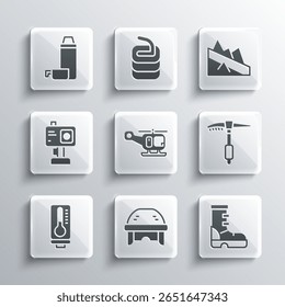 Set Hockey helmet, Waterproof rubber boot, Ice axe, Rescue helicopter, Meteorology thermometer, Action camera, Thermos container and Mountain descent icon. Vector