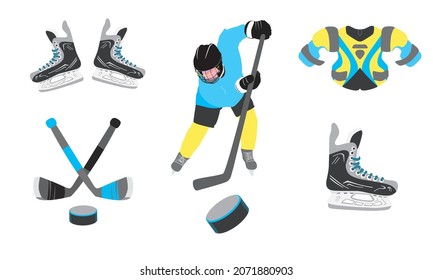 A set hockey items  Stickers  Equipment for hockey player  Skates  hockey stick  puck  Clipart  Isolated element decor white background  Vector illustration  Eps 10 	