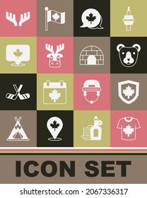 Set Hockey jersey, Canada flag on shield, Bear head, Canadian maple leaf, Deer with antlers,  and Igloo ice house icon. Vector