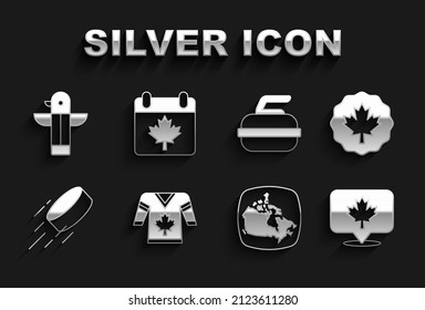 Set Hockey jersey, Canadian maple leaf, Canada, puck, Stone for curling, totem pole and day with icon. Vector