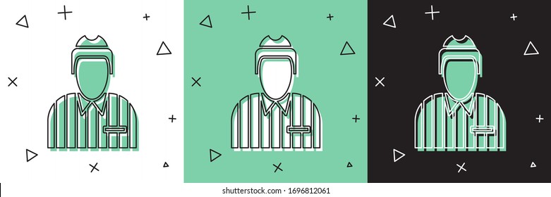 Set Hockey judge, referee, arbiter icon isolated on white and green, black background.  Vector Illustration