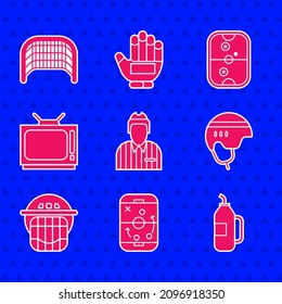 Set Hockey judge, referee, arbiter, Planning strategy, Fitness shaker, helmet, Retro tv, Air hockey table and Ice goal icon. Vector