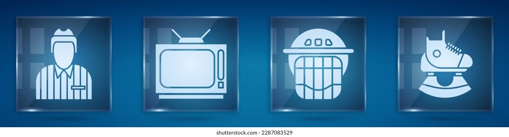 Set Hockey judge, referee, arbiter, Retro tv, Hockey helmet and Skates. Square glass panels. Vector