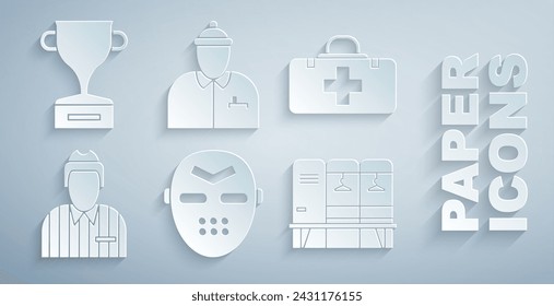 Set Hockey mask, First aid kit, judge, referee, arbiter, Locker or changing room, coach and Award cup icon. Vector