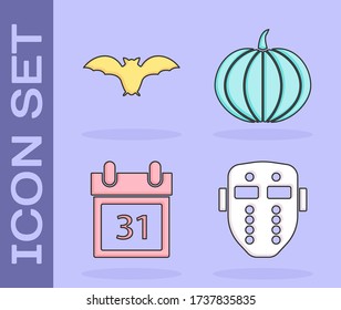 Set Hockey mask , Flying bat , Calendar with Halloween date 31 october  and Pumpkin  icon. Vector