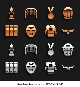 Set Hockey mask, helmet, Ice hockey sticks and puck, jersey, Locker or changing room, Medal, Award cup and goal icon. Vector