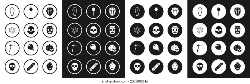 Set Hockey mask, Skull, Spider web, Coffin with christian cross, Zombie, Lollipop, Pumpkin and skull and Scythe icon. Vector