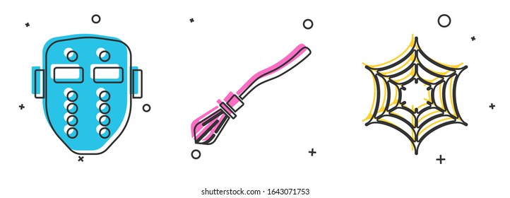 Set Hockey mask , Witches broom  and Spider web  icon. Vector