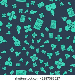 Set Hockey mechanical scoreboard, Hockey coach, Whistle and Crossed bandage plaster on seamless pattern. Vector