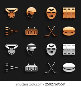 Set Hockey mechanical scoreboard, Locker changing room, puck, Ice hockey sticks, Championship tournament bracket, mask, Medal and helmet icon. Vector