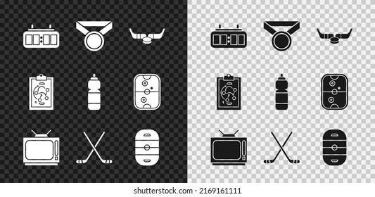 Set Hockey mechanical scoreboard, Medal, Ice hockey sticks and puck, Retro tv, rink, Planning strategy and Fitness shaker icon. Vector