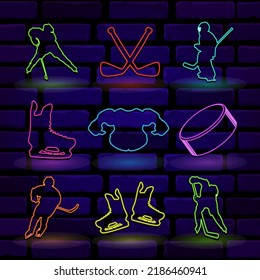 Set of hockey neon icons. Square brick wall background. Dark blue vector illustration with isolated sport symbols in multicolored tones.