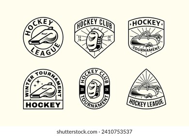 Logos mit Hockey-Umriss-Logo mit Hockeytasche und Whistle- und Kniestapads für Hockey-Team und Liga und Champion