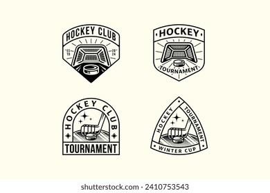 conjunto de logotipos de la placa de hockey con un disco de hockey y un palo y un diseño de elementos de wicket para el equipo de hockey y la liga y el campeón