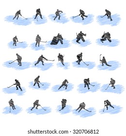 Set of hockey player scribble silhouettes. Vector illustration.