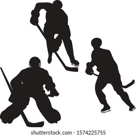 Set Hockey player silhouette flat vector illustration. men in uniform holding a hockey stick cartoon character Professional athlete, member of the protective equipment team. Winter activities