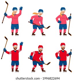 Reihe von Hockeyspielern in verschiedenen Posen. Männliche und weibliche Figuren im Cartoon-Stil.