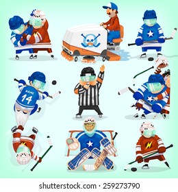 Set of hockey players in different situations.