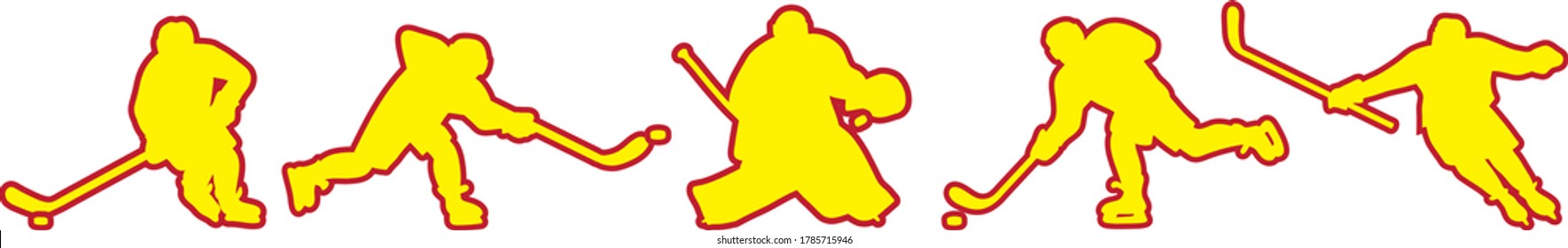 set hockey players and goalkeepers silhouettes - yellow with a red outline on white background