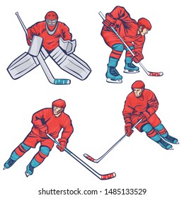 Set of hockey players isolated on a white background. Vector graphics.