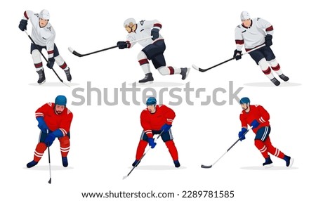 Set of hockey players isolated on white background. Red white colors of uniform and helmet. Realistic silhouettes. Winter sports game. Ice rink with sportsmen icon collection. Flat Vector illustration