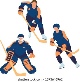 Set Hockey Players in Motion . Young Male Character Skating in Team Uniform Sportsman Playing Game, Sport Life Web Page Banner. Cartoon Flat Vector Illustration