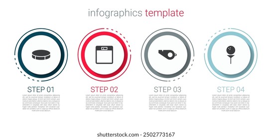 Set Hockey puck, Bathroom scales, Whistle and Golf ball on tee. Business infographic template. Vector