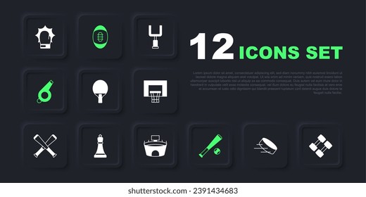 Set Hockey puck, Dumbbell, Racket, Baseball bat with ball, Whistle, Chess, American Football and Stadium icon. Vector