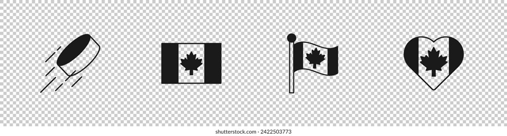 Set Hockey puck, Flag of Canada,  and Heart shaped flag icon. Vector