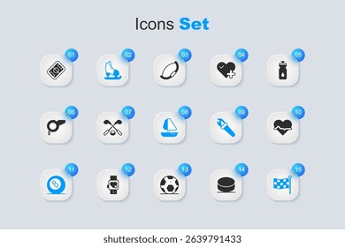 Set Hockey puck, Ice hockey sticks and, Skates, Billiard pool snooker ball, Checkered flag, Heart rate, Football field and Yacht sailboat icon. Vector