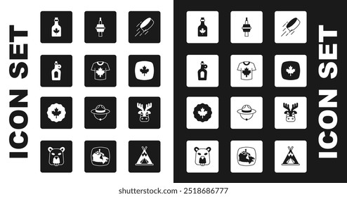 Set Hockey puck, jersey, Bottle of maple syrup, Canadian leaf, TV CN Tower in Toronto, Deer head with antlers and  icon. Vector